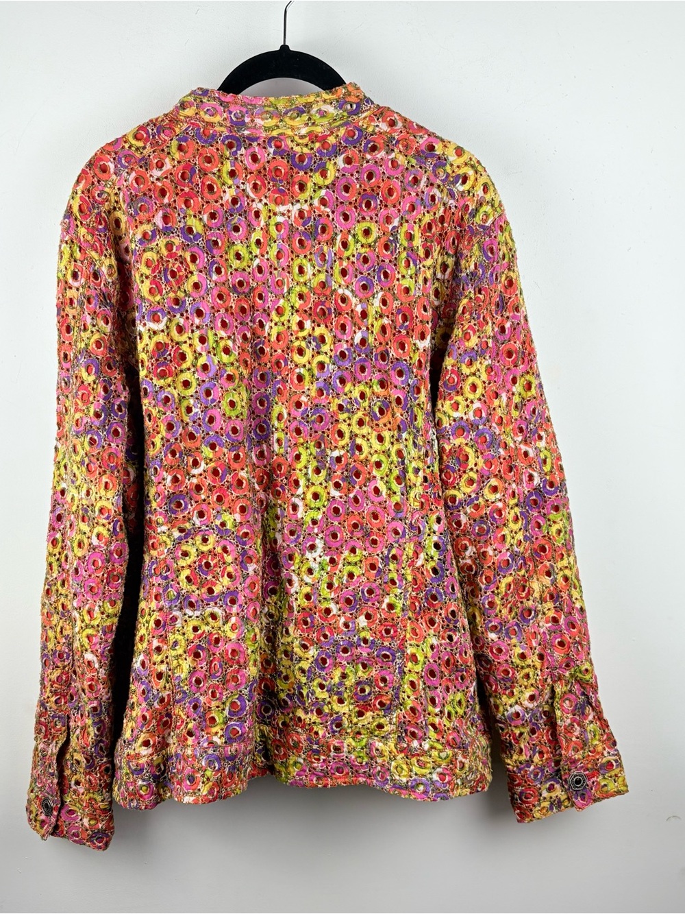 Chico’s Multicolor Eyelet Lace Shacket Jacket Lined Sz 3 XL Boho Hippie Cottage - Picture 3 of 9